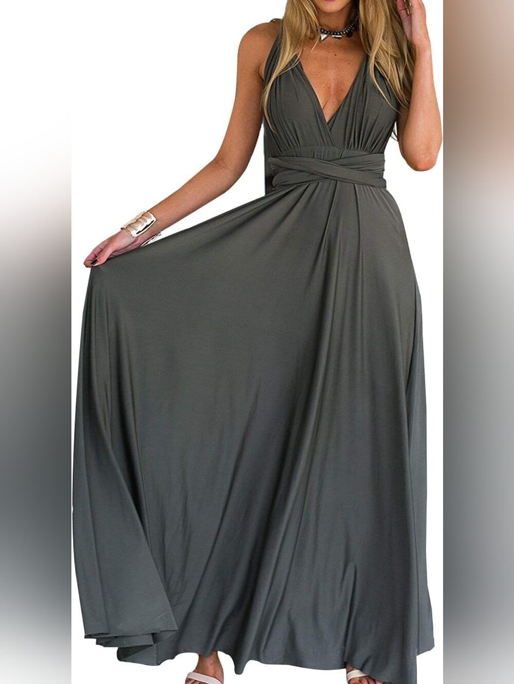 Persun Convertible Grecian Infinity Maxi Dress Stone Grey Size M NWT